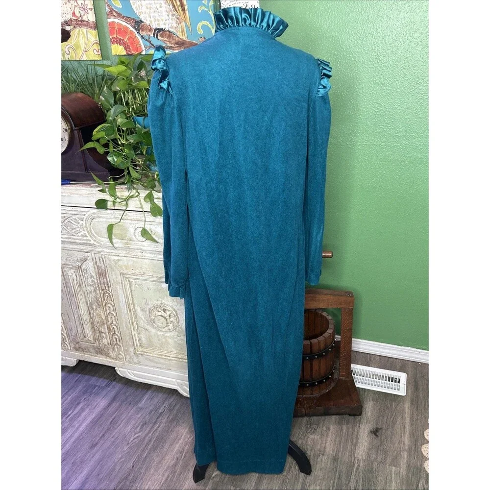 Vtg Teal JC Penny Housecoat-S Ruffle Collar Granny 80s Victorian Cottage